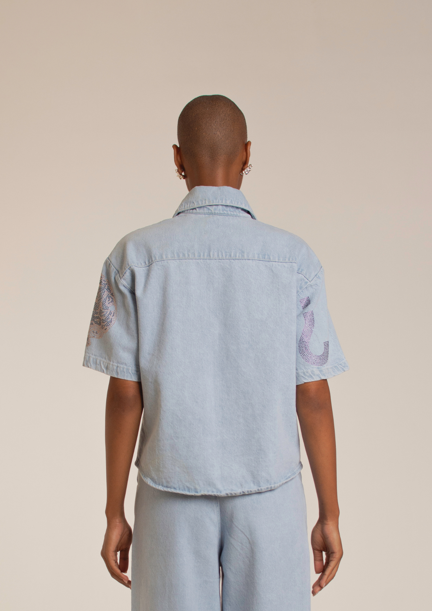 "Universal Things" Crystal Embellished Light Denim Shirt