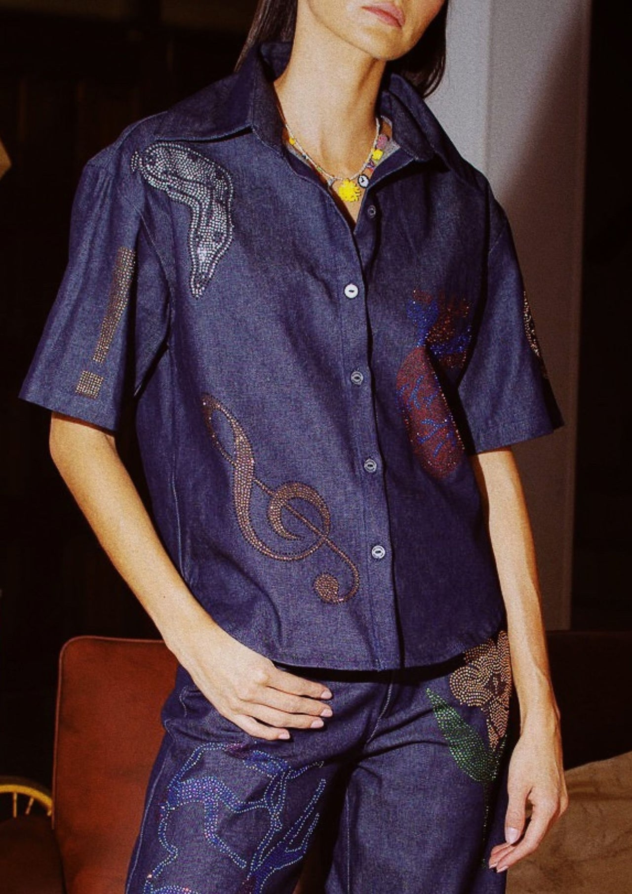 "Universal Things" Crystal Embellished Denim Shirt