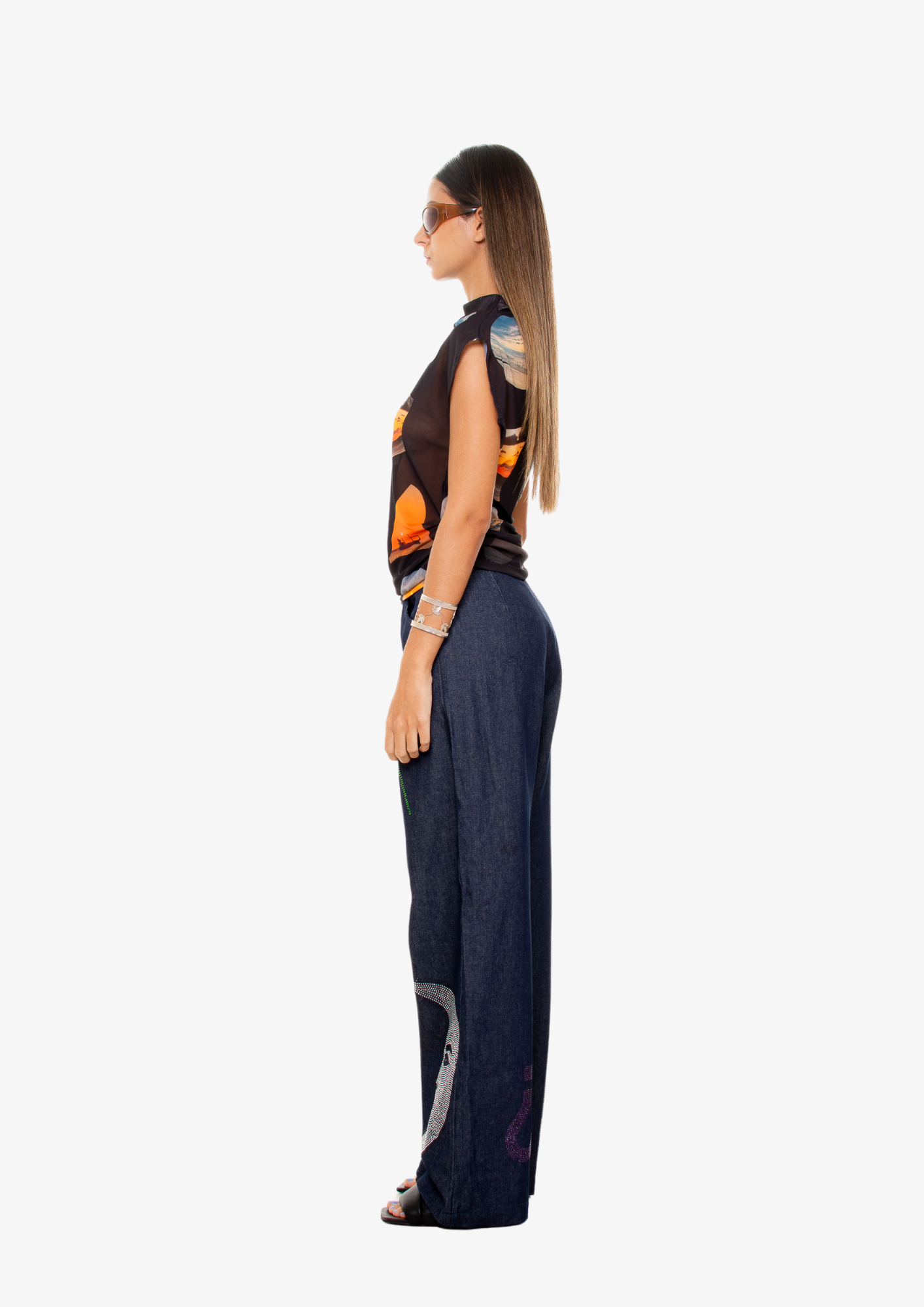 "Universal Things" Crystal Embellished Denim Pants