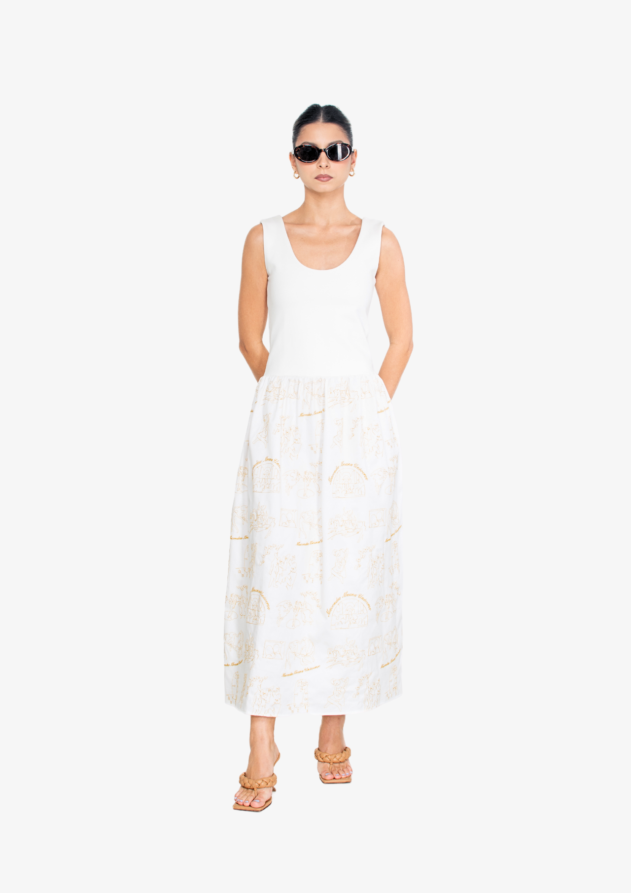 Embroidered Midi Dress in White