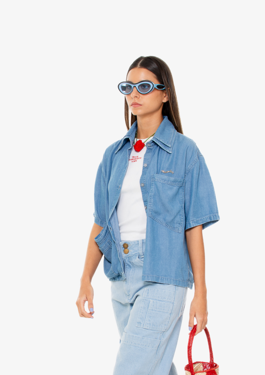 Light-Wash Short-Sleeve Double Neck Tencel Shirt