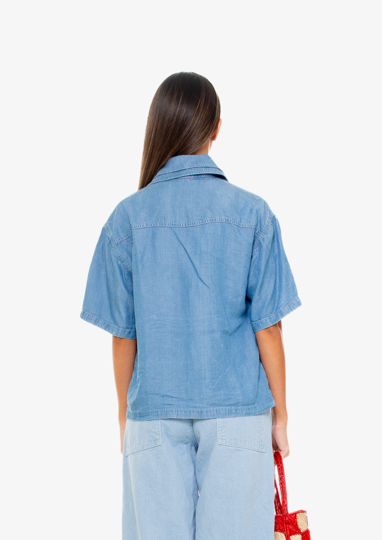 Light-Wash Short-Sleeve Double Neck Tencel Shirt