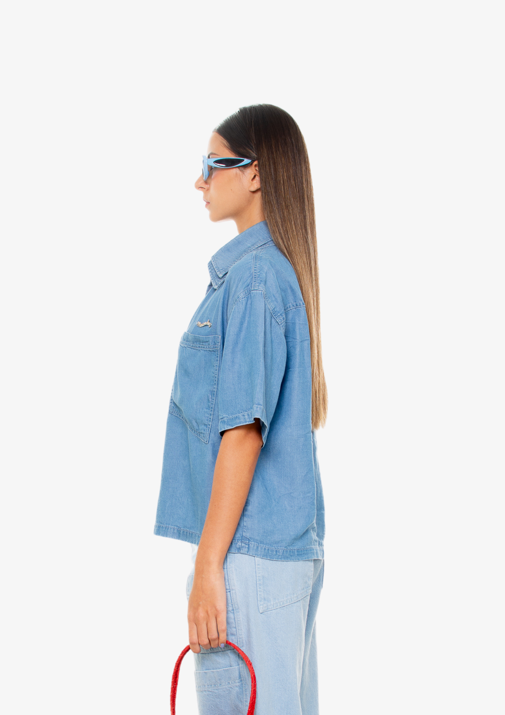 Light-Wash Short-Sleeve Double Neck Tencel Shirt