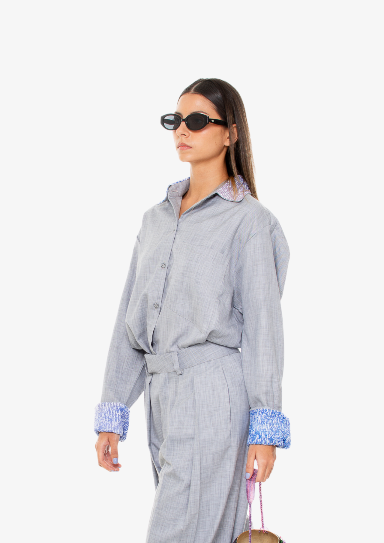 'Office' Button Down Shirt in Gray With Sequins Details