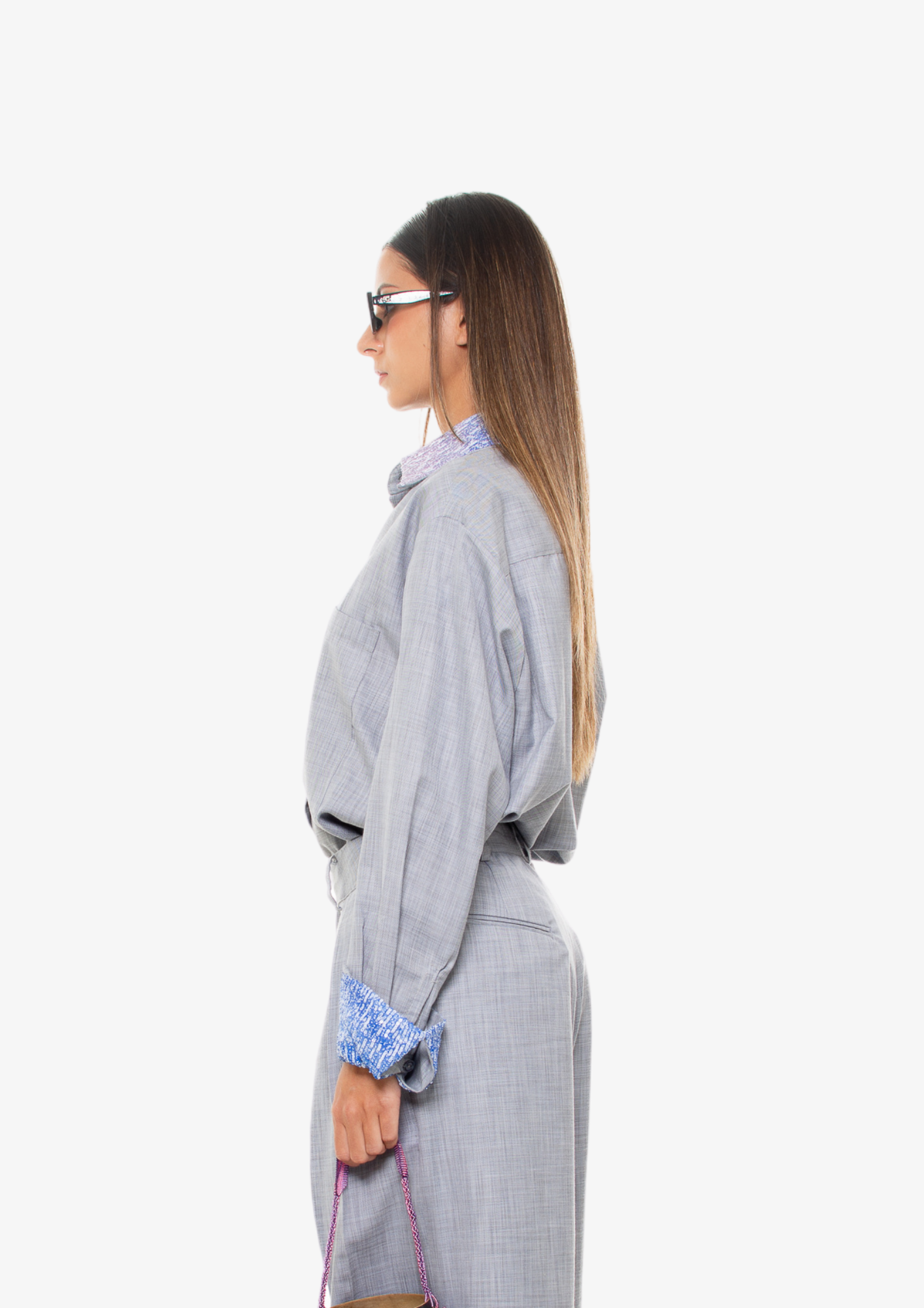 'Office' Button Down Shirt in Gray With Sequins Details