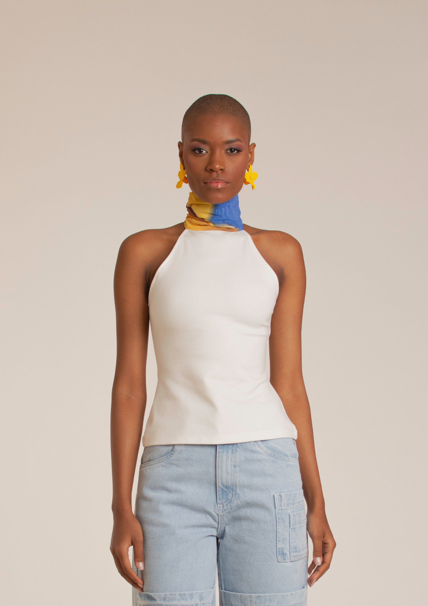 “Yellow Flowers ” White Turtleneck Top