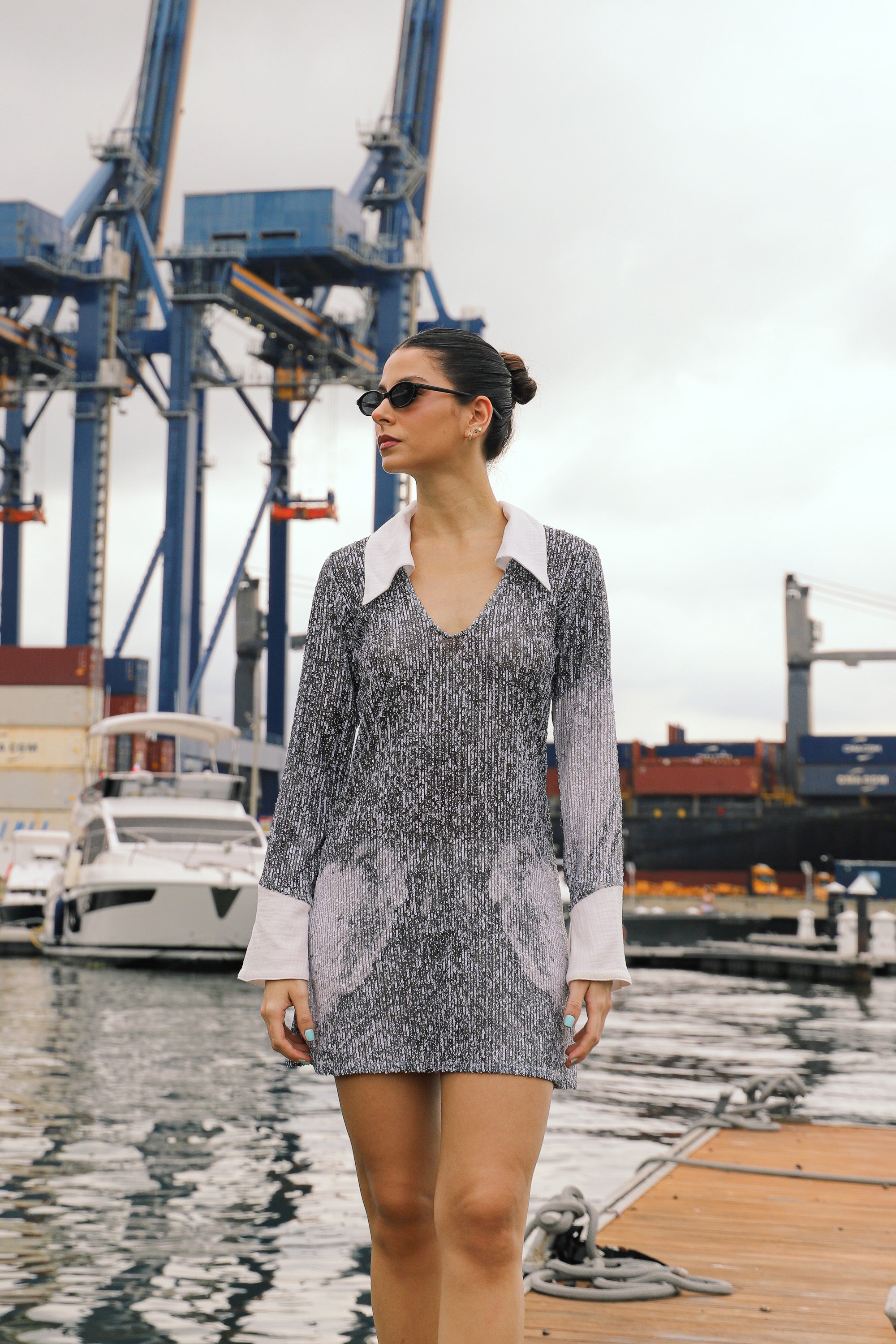 Sequins Long Sleeve Dress - Everybody's Town (B&W)
