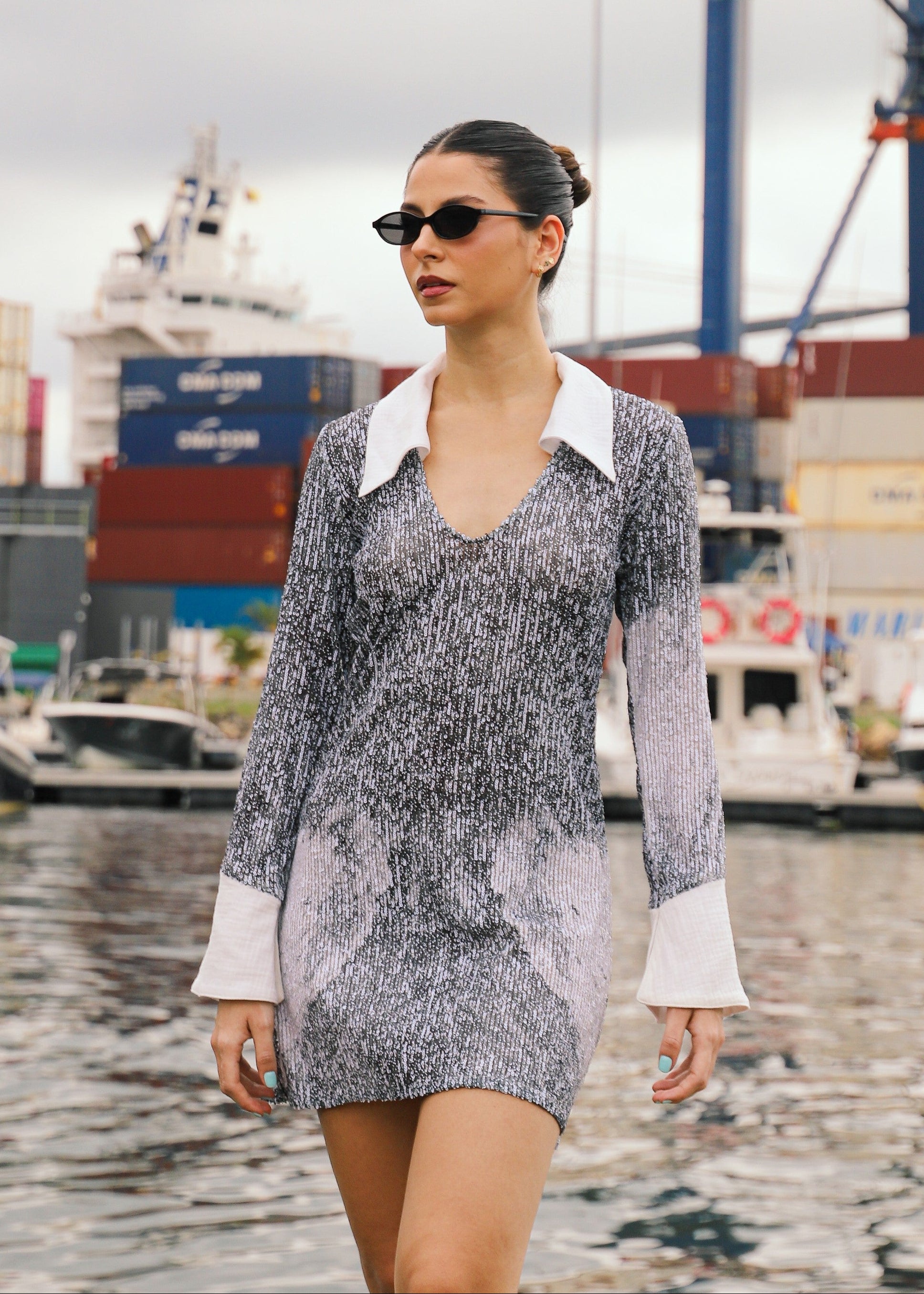 Sequins Long Sleeve Dress - Everybody's Town (B&W)