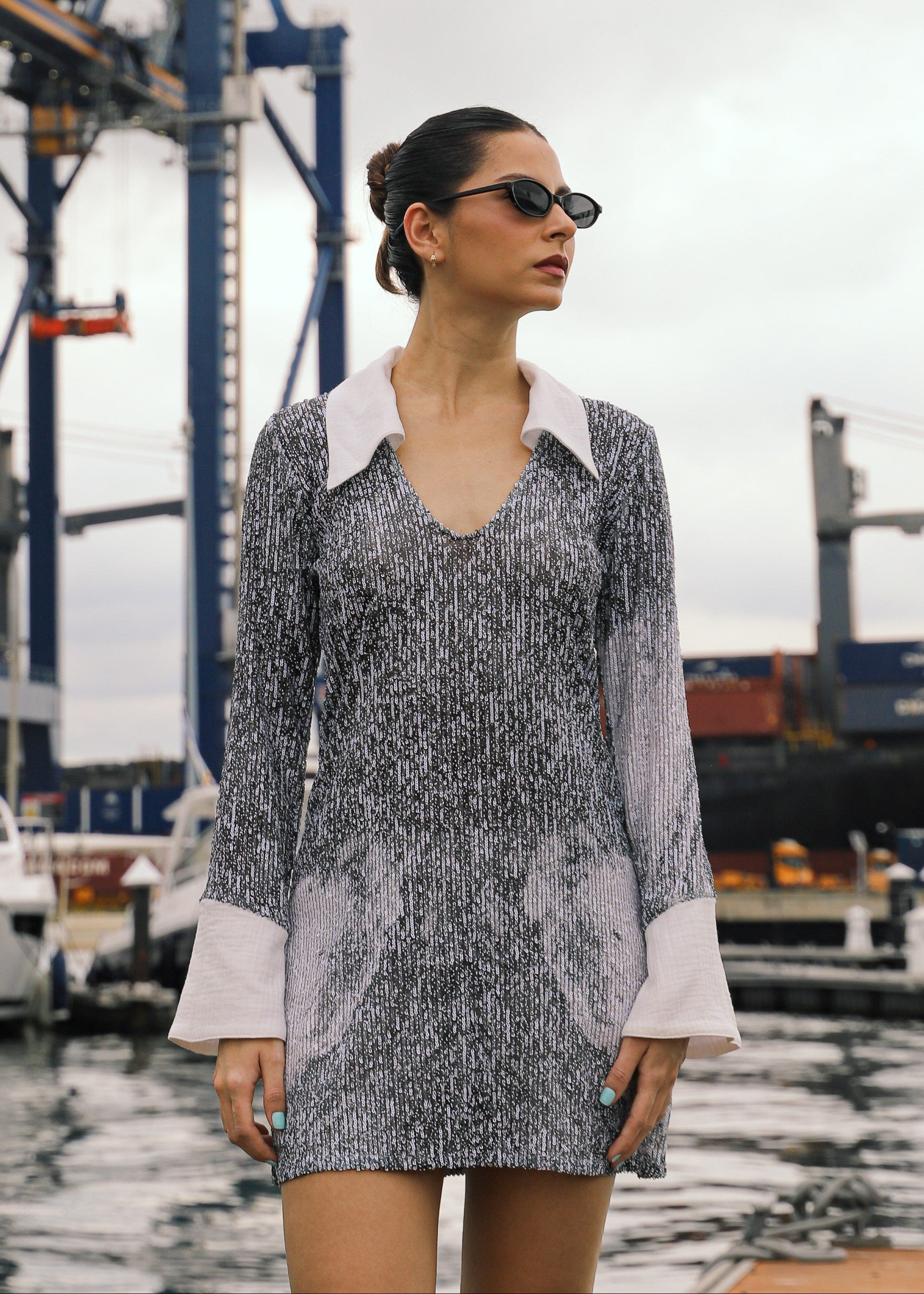 Sequins Long Sleeve Dress - Everybody's Town (B&W)