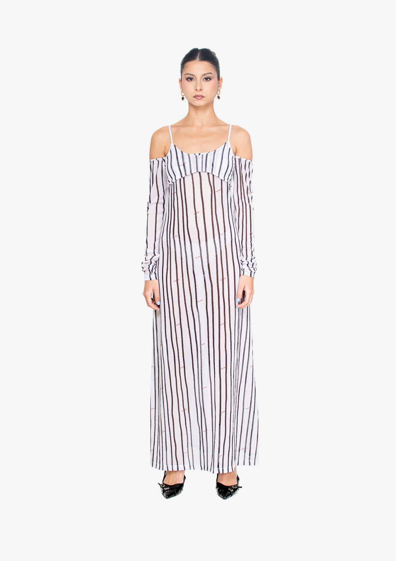 White Stripes Mesh Long Sleeve Dress