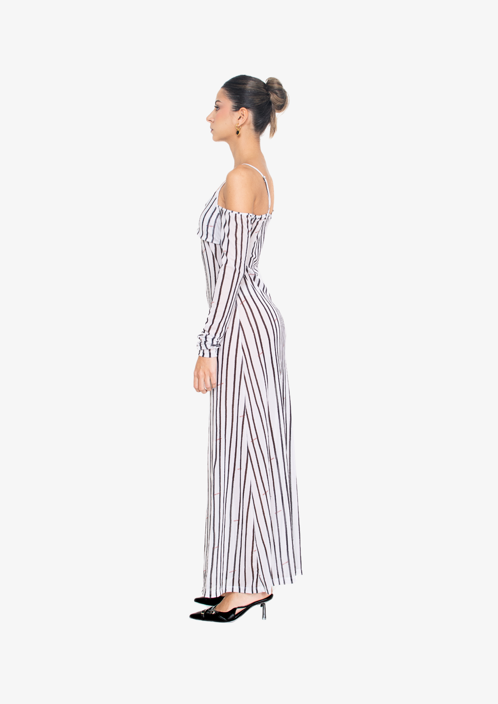 White Stripes Mesh Long Sleeve Dress