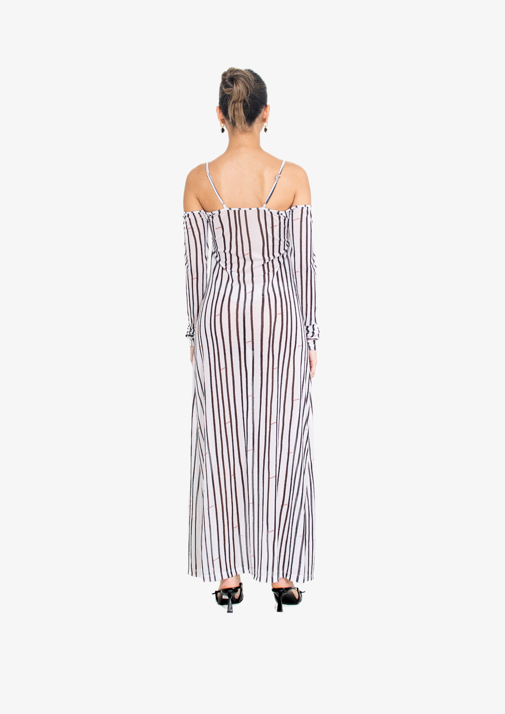 White Stripes Mesh Long Sleeve Dress