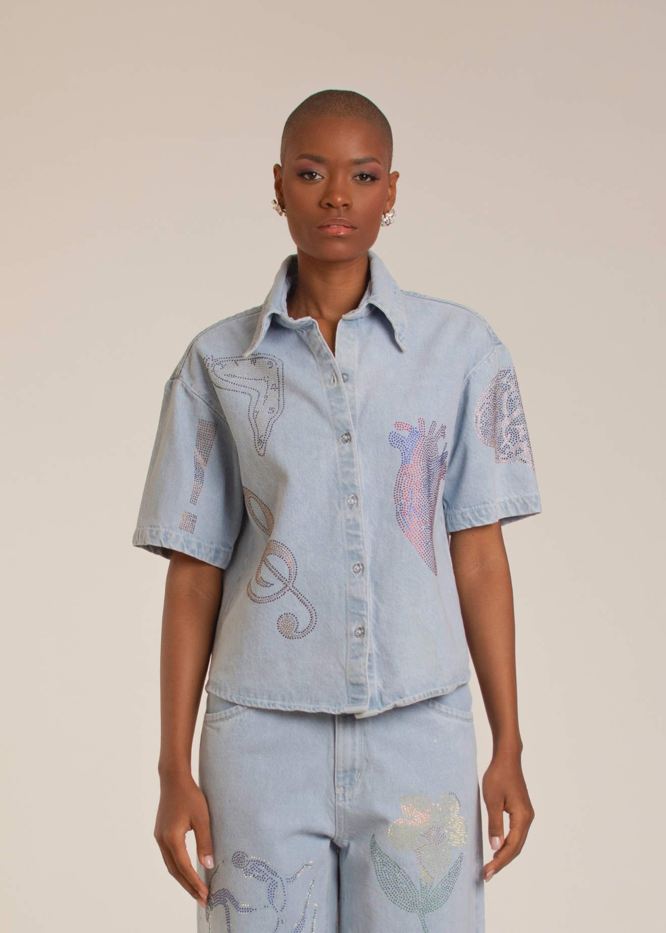 "Universal Things" Crystal Embellished Light Denim Shirt