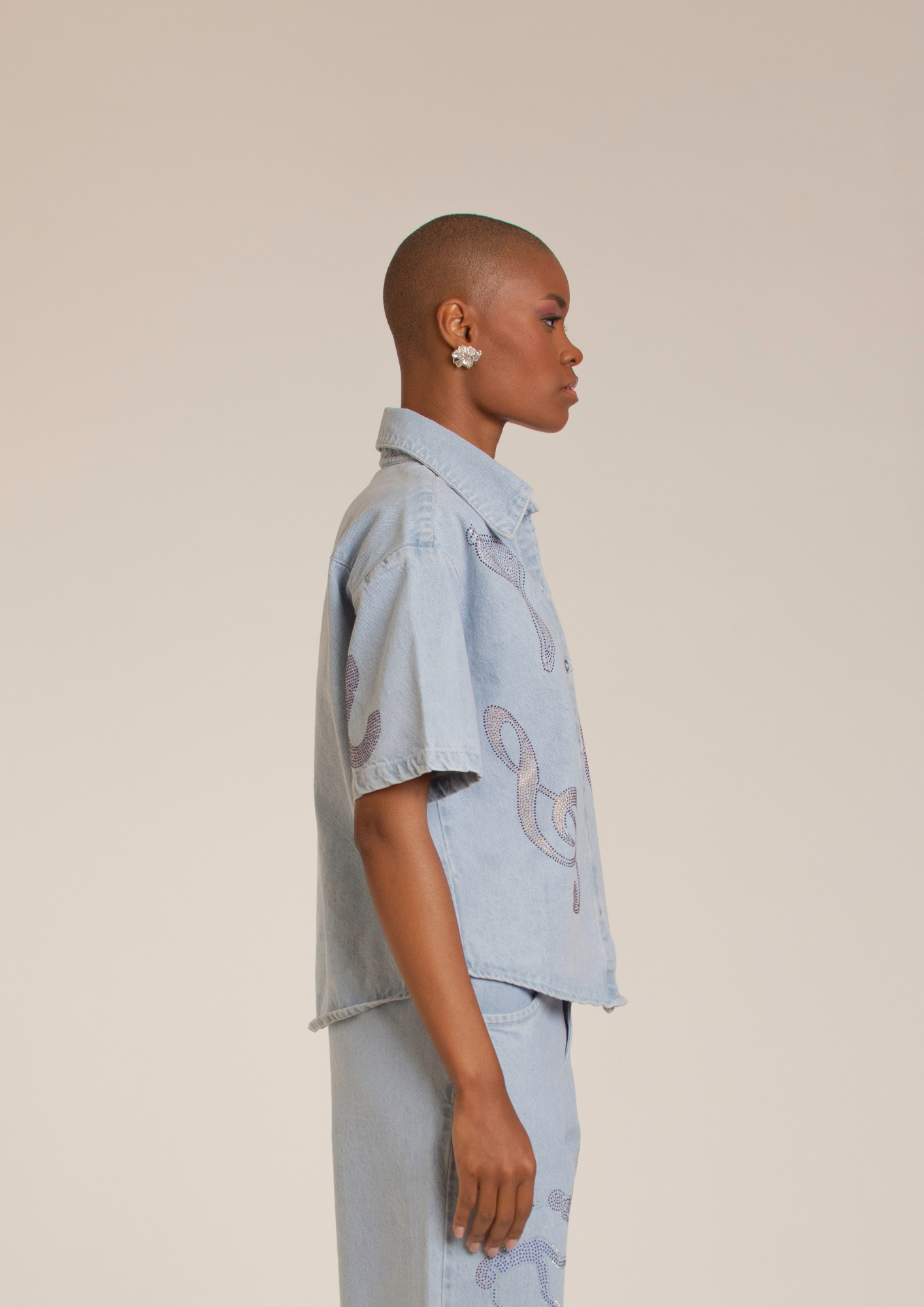 "Universal Things" Crystal Embellished Light Denim Shirt
