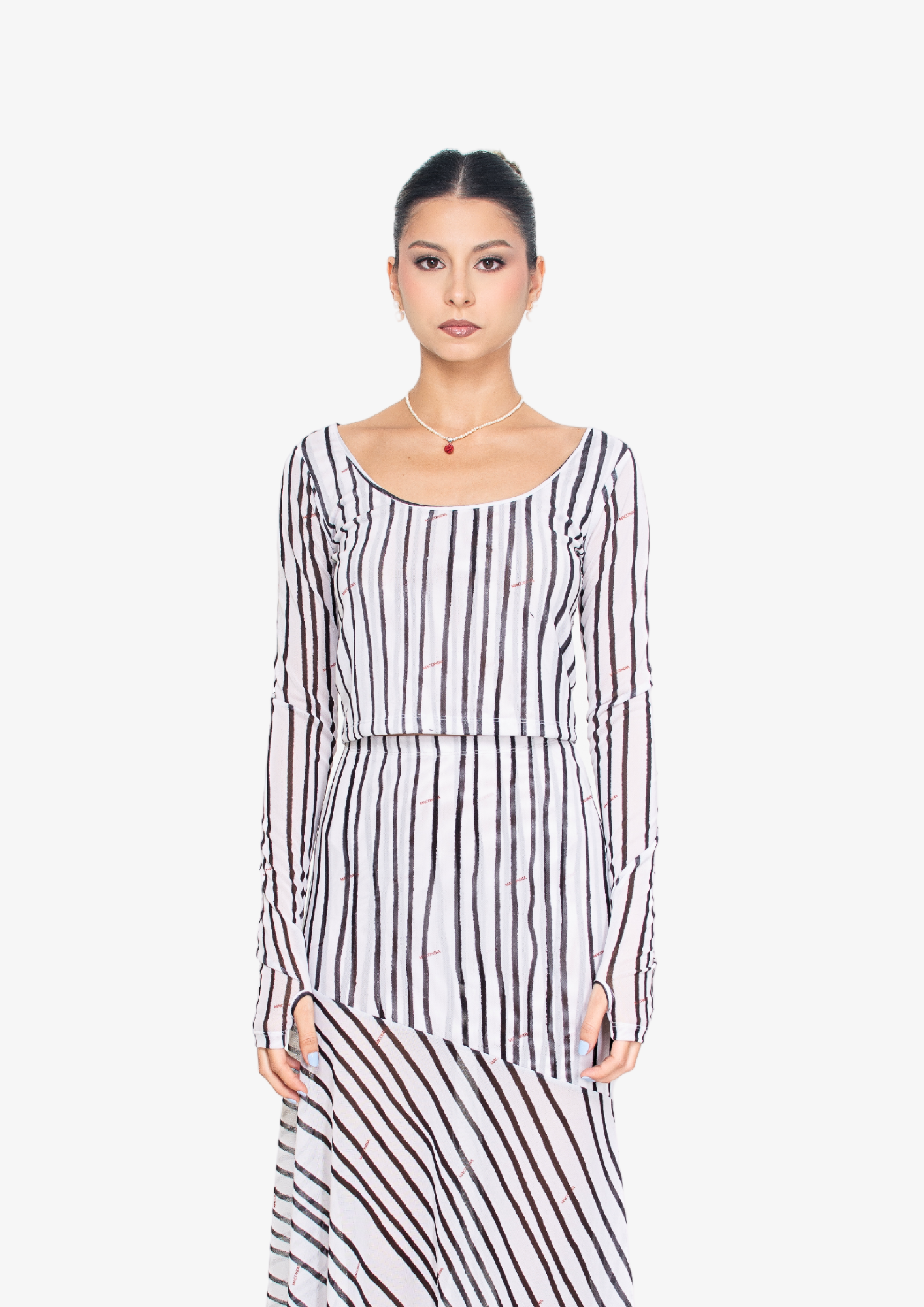 White Stripes Mesh Long Sleeve Blouse