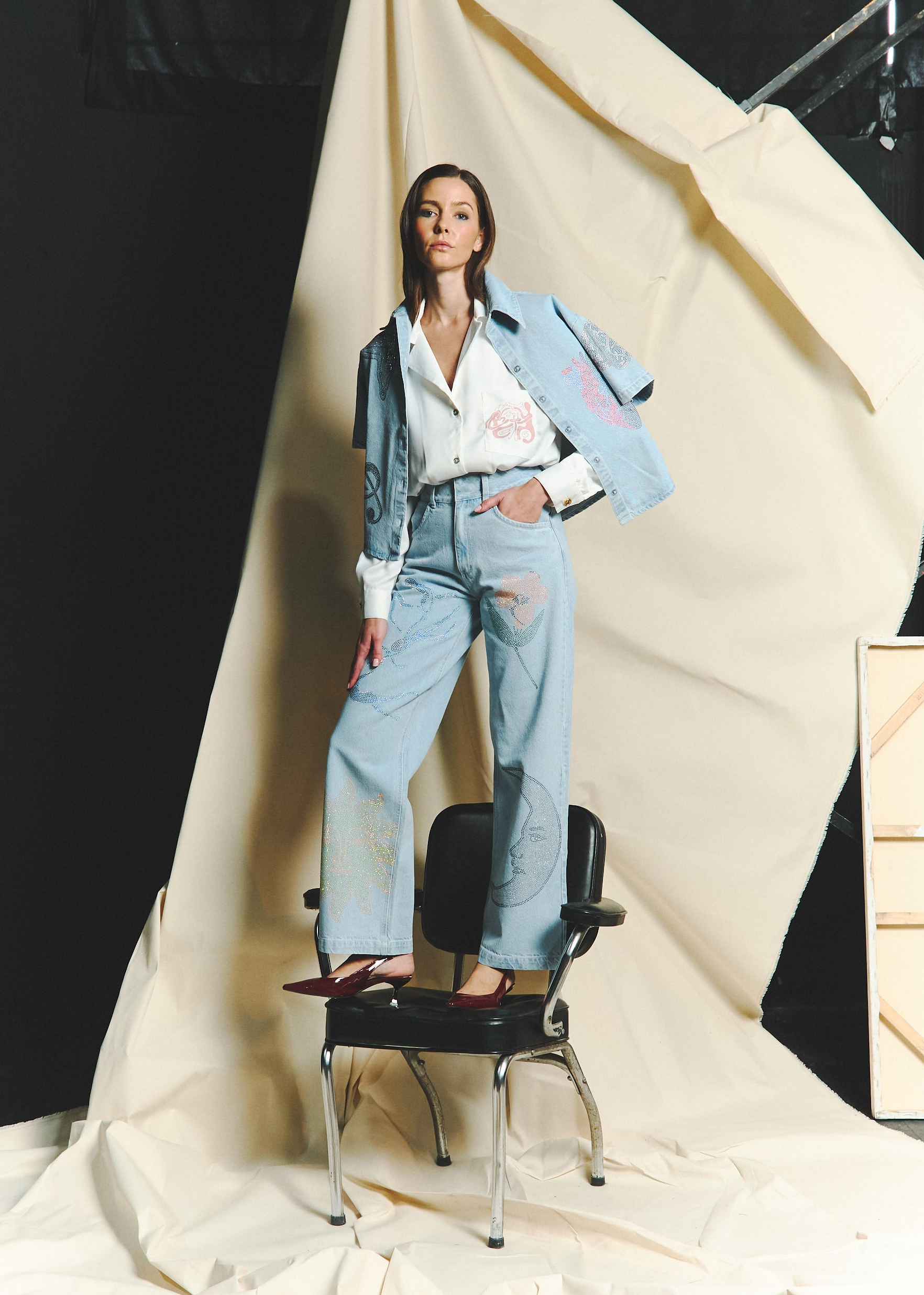 "Universal Things" Crystal Embellished Light Denim Shirt