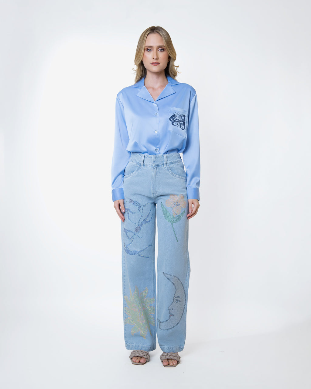 "Universal Things" Crystal Embellished Light Denim Pants