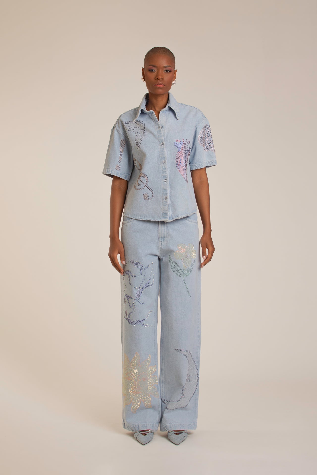 "Universal Things" Crystal Embellished Light Denim Pants
