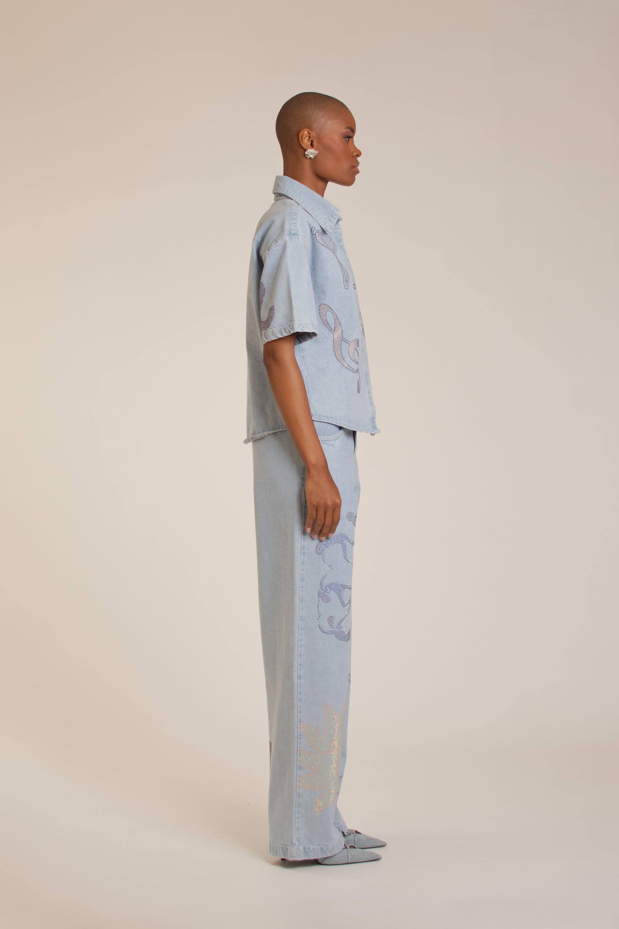 "Universal Things" Crystal Embellished Light Denim Pants