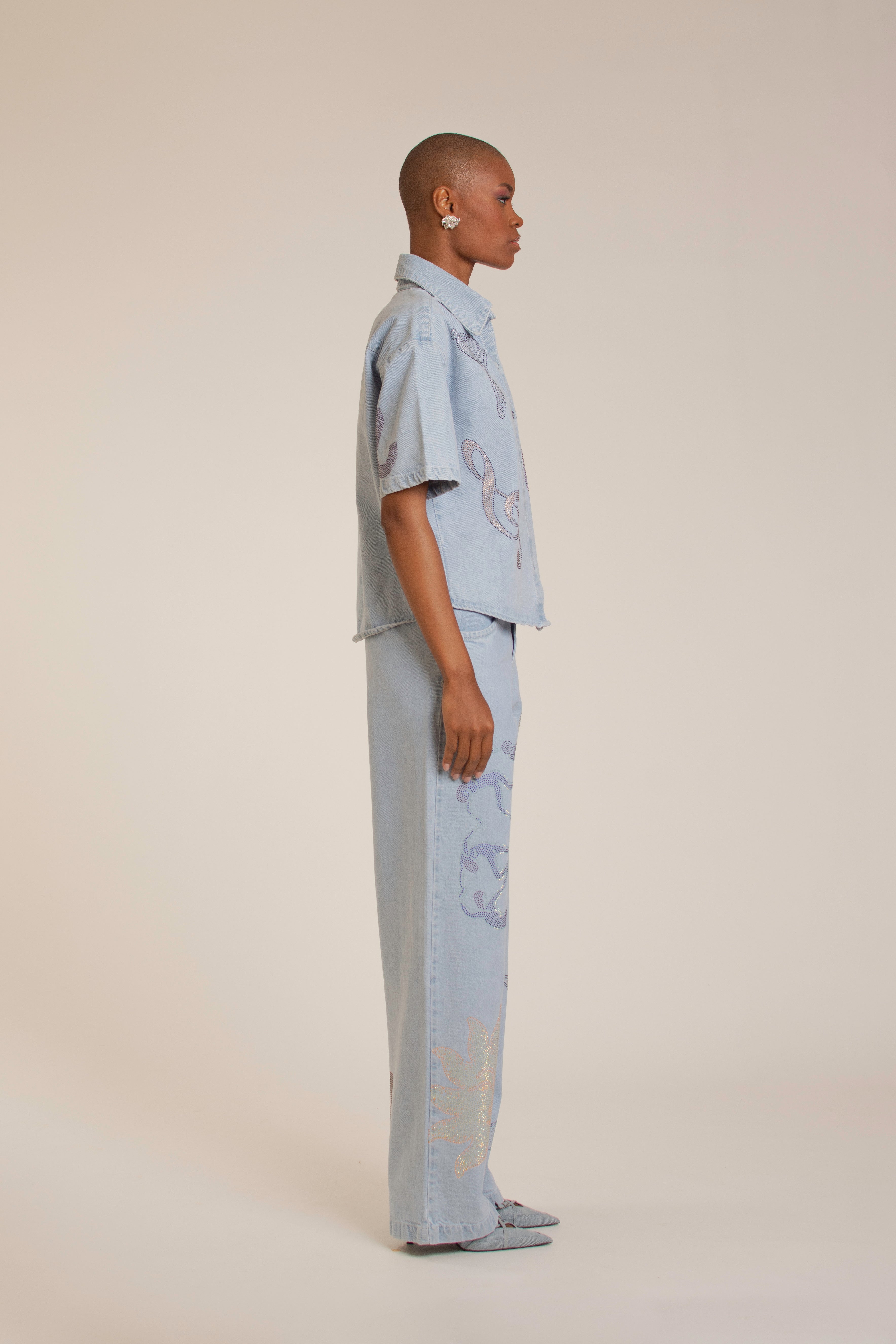 "Universal Things" Crystal Embellished Light Denim Pants