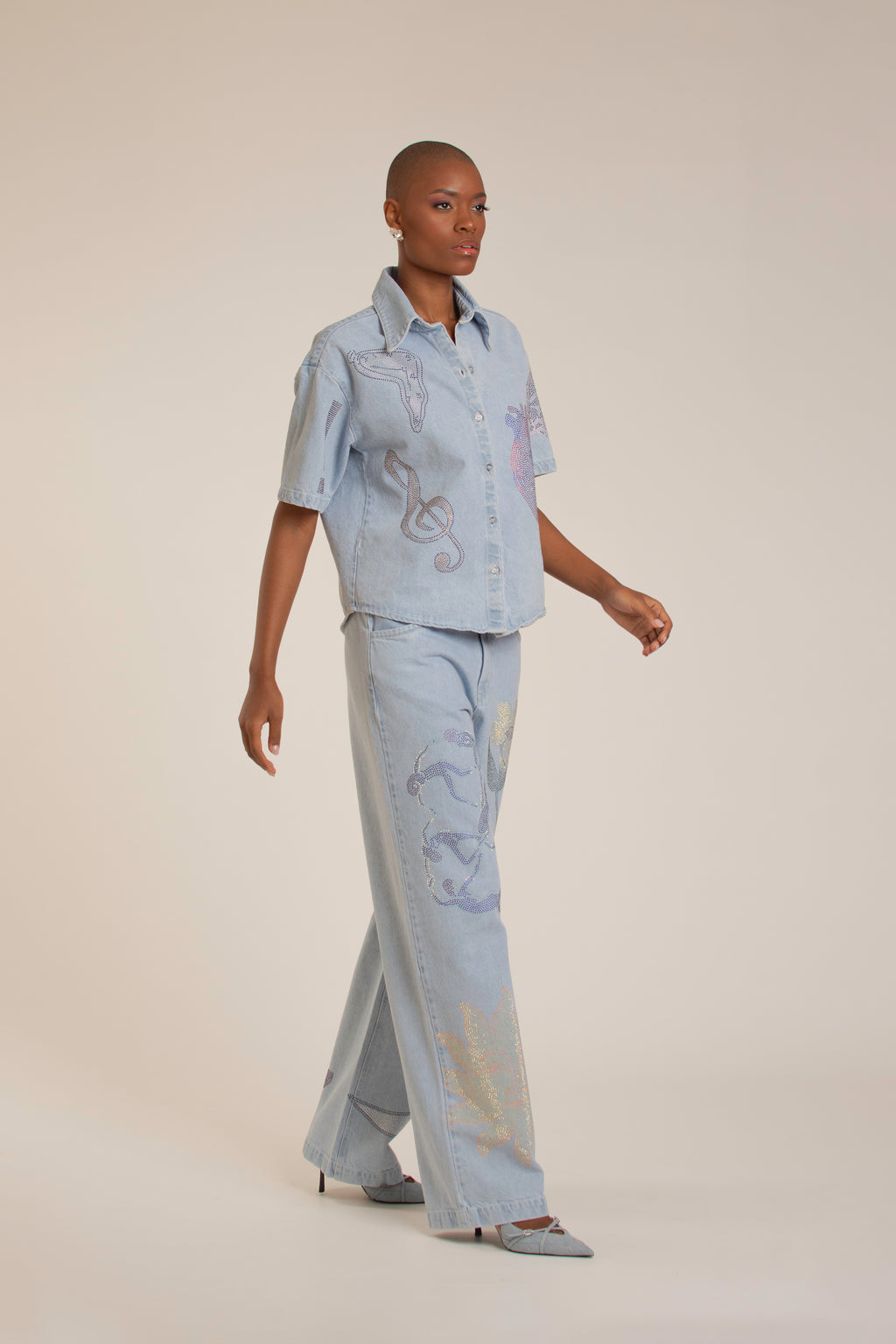 "Universal Things" Crystal Embellished Light Denim Pants