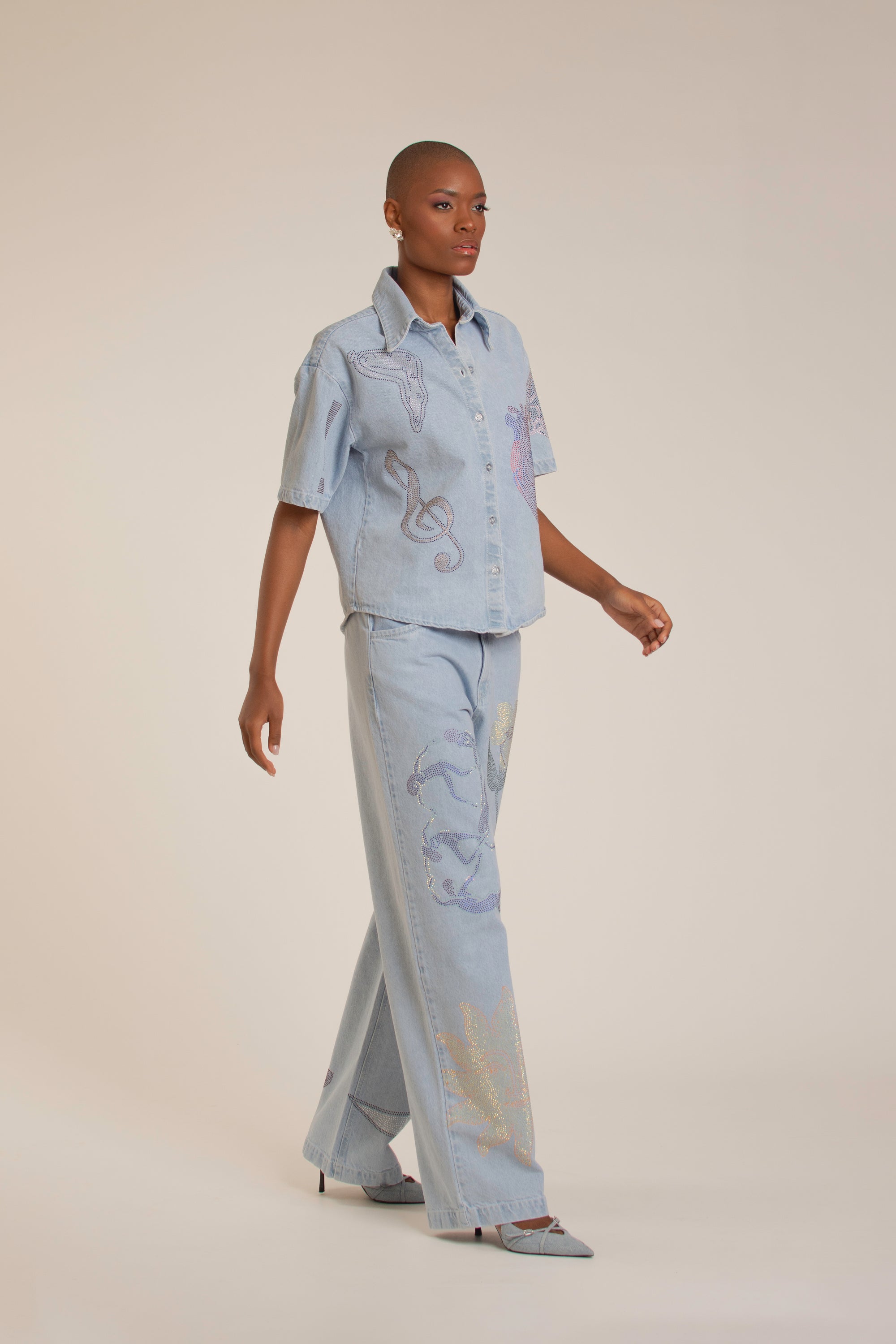 "Universal Things" Crystal Embellished Light Denim Pants