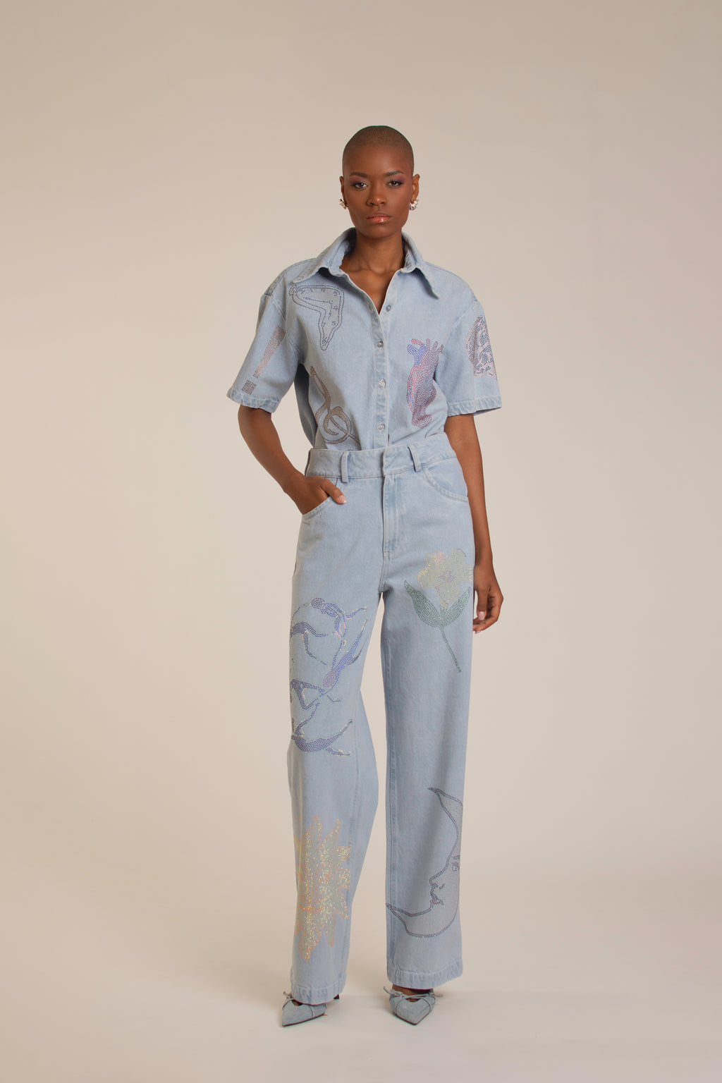 "Universal Things" Crystal Embellished Light Denim Pants