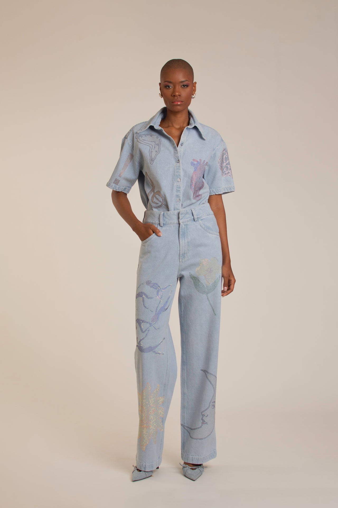 "Universal Things" Crystal Embellished Light Denim Pants