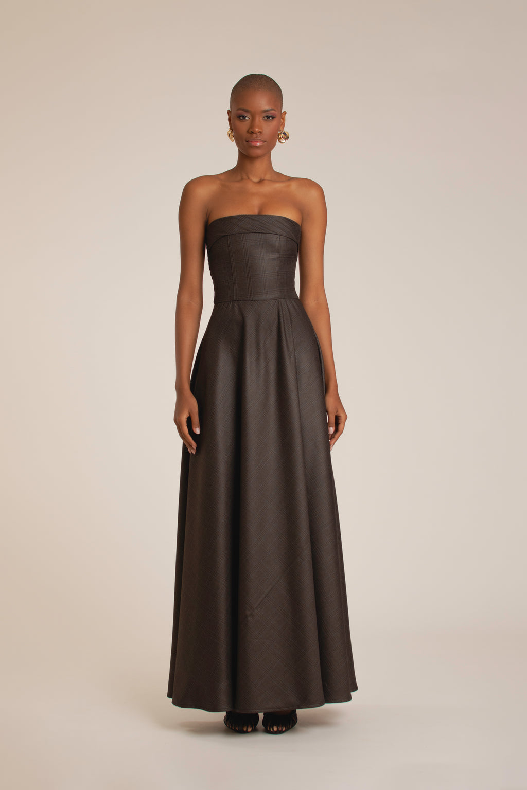 Mocha Plaid Strapless Maxi Dress