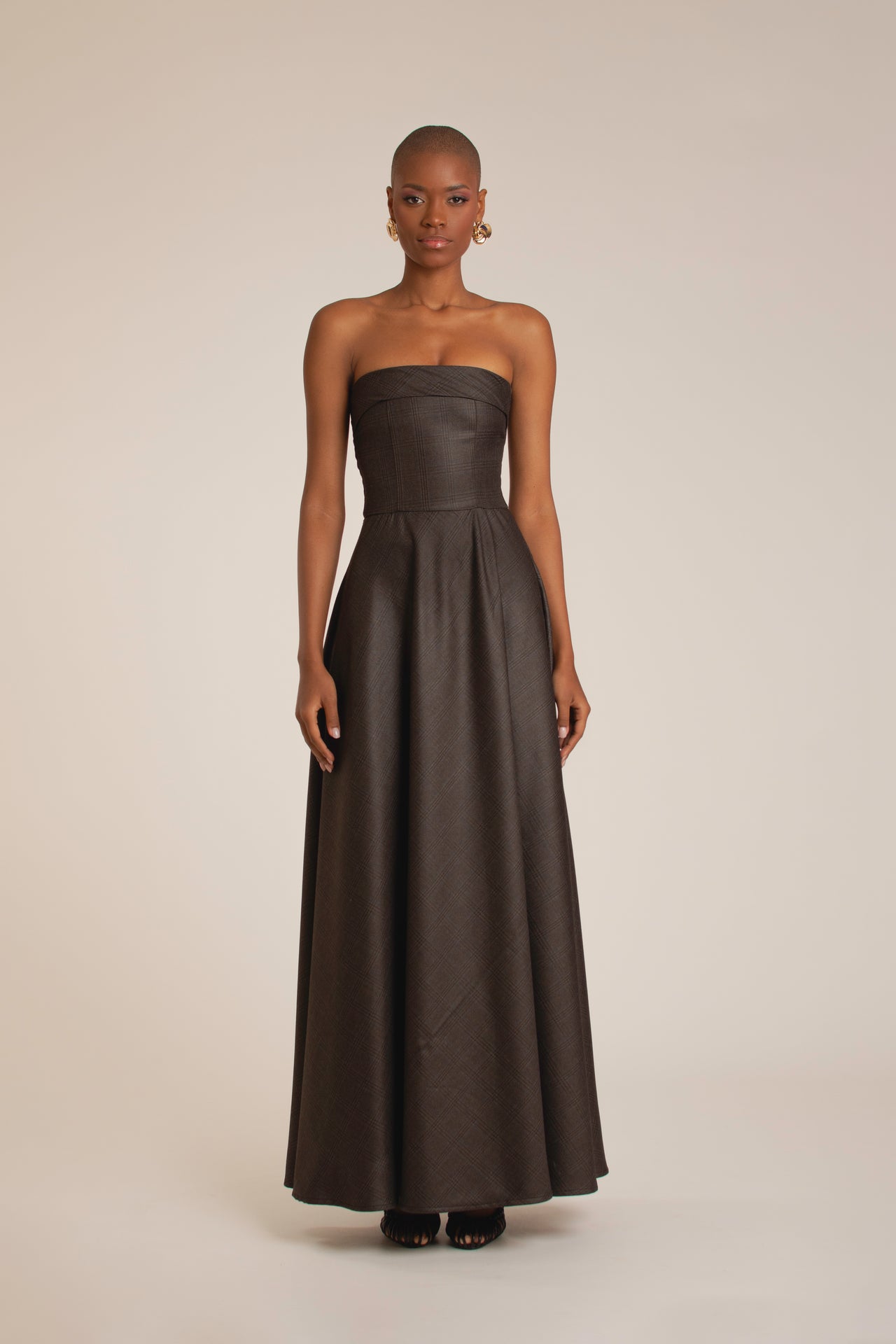 Mocha Plaid Strapless Maxi Dress