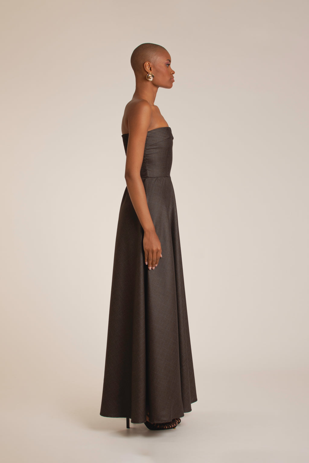 Mocha Plaid Strapless Maxi Dress