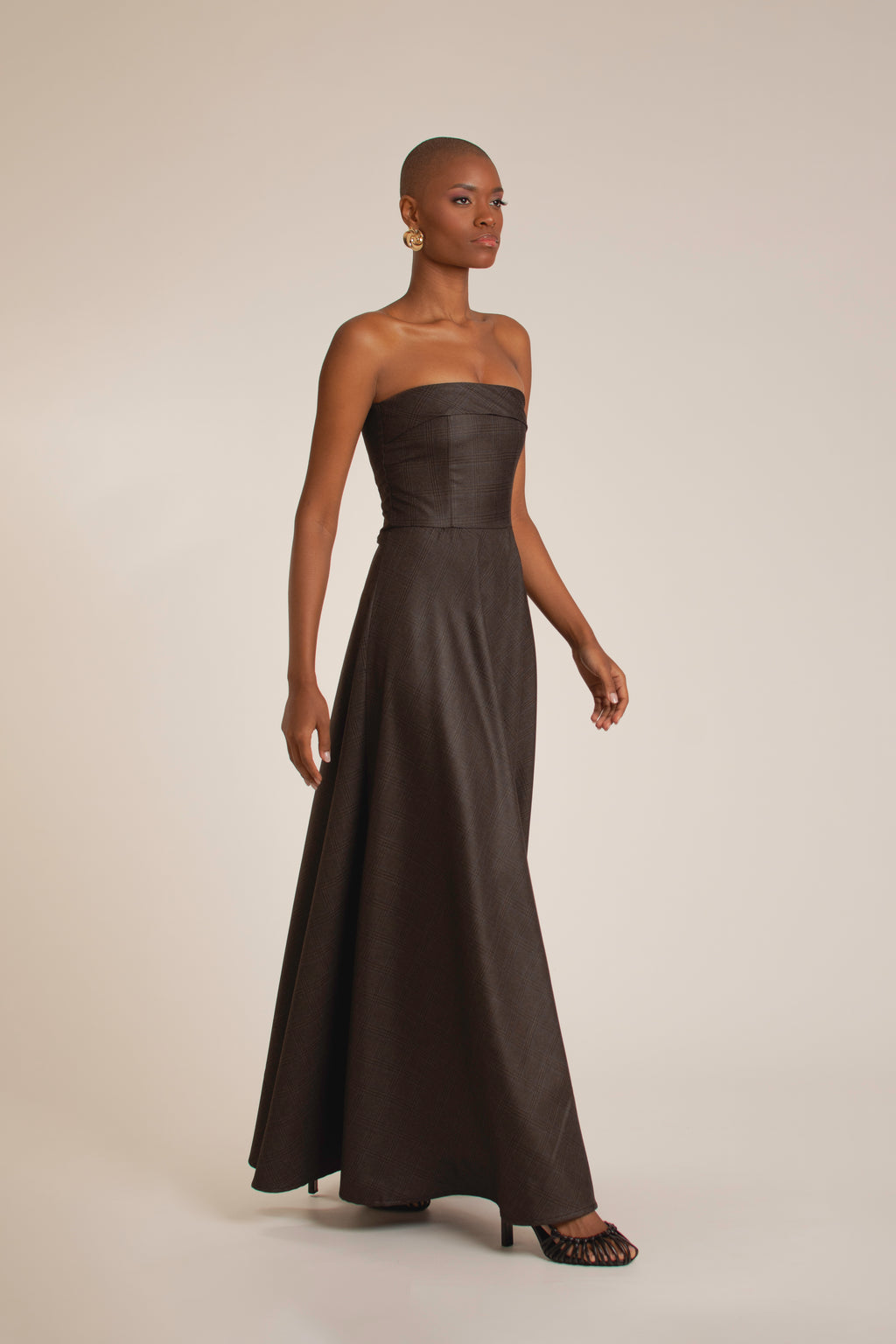 Mocha Plaid Strapless Maxi Dress