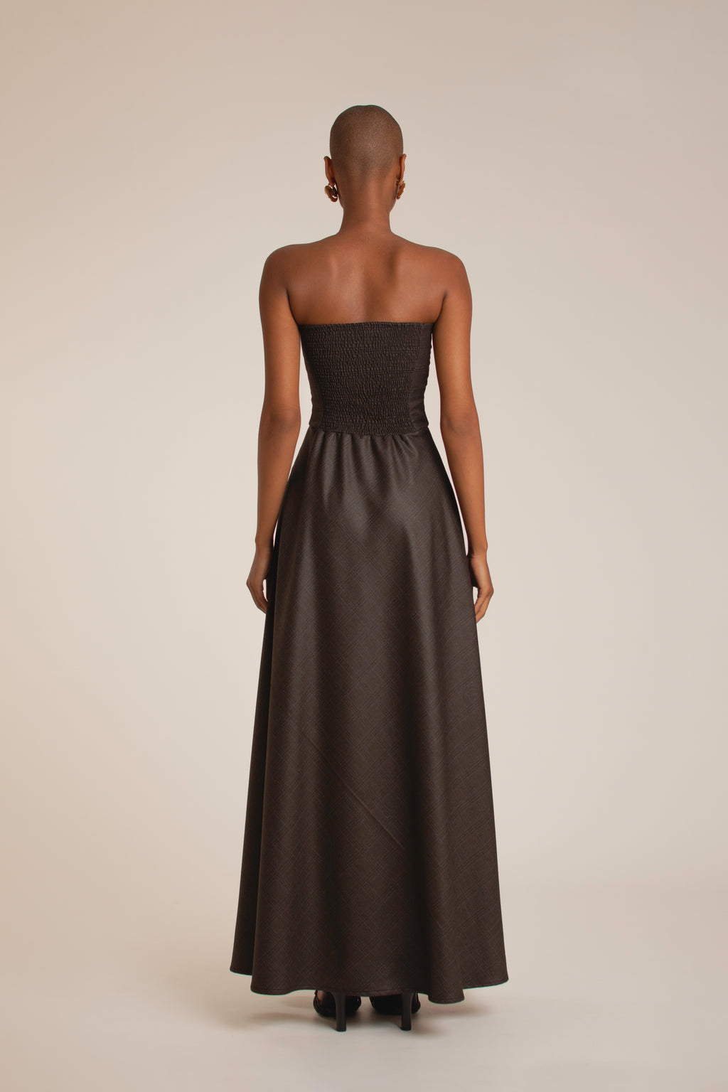 Mocha Plaid Strapless Maxi Dress