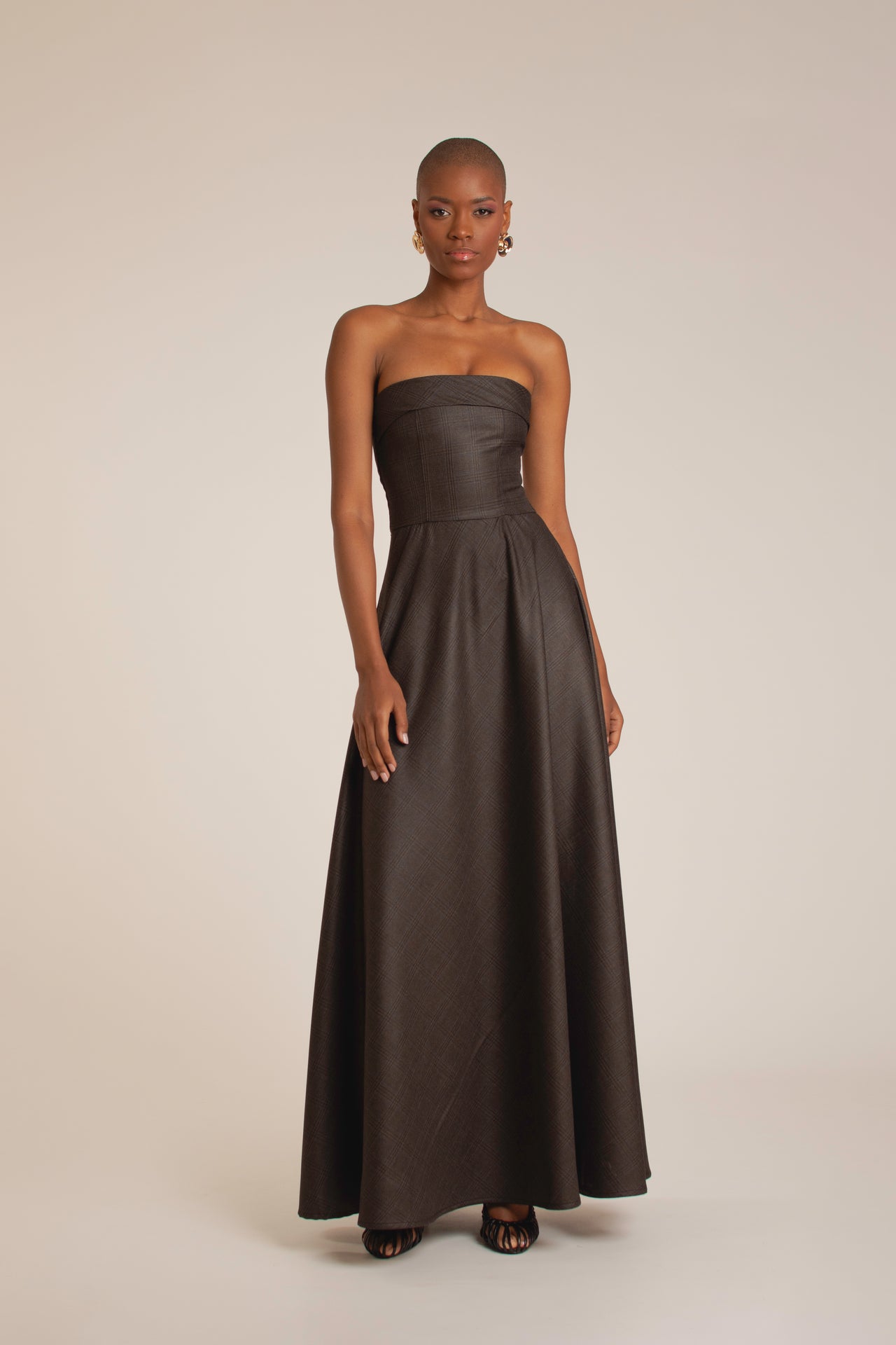 Mocha Plaid Strapless Maxi Dress