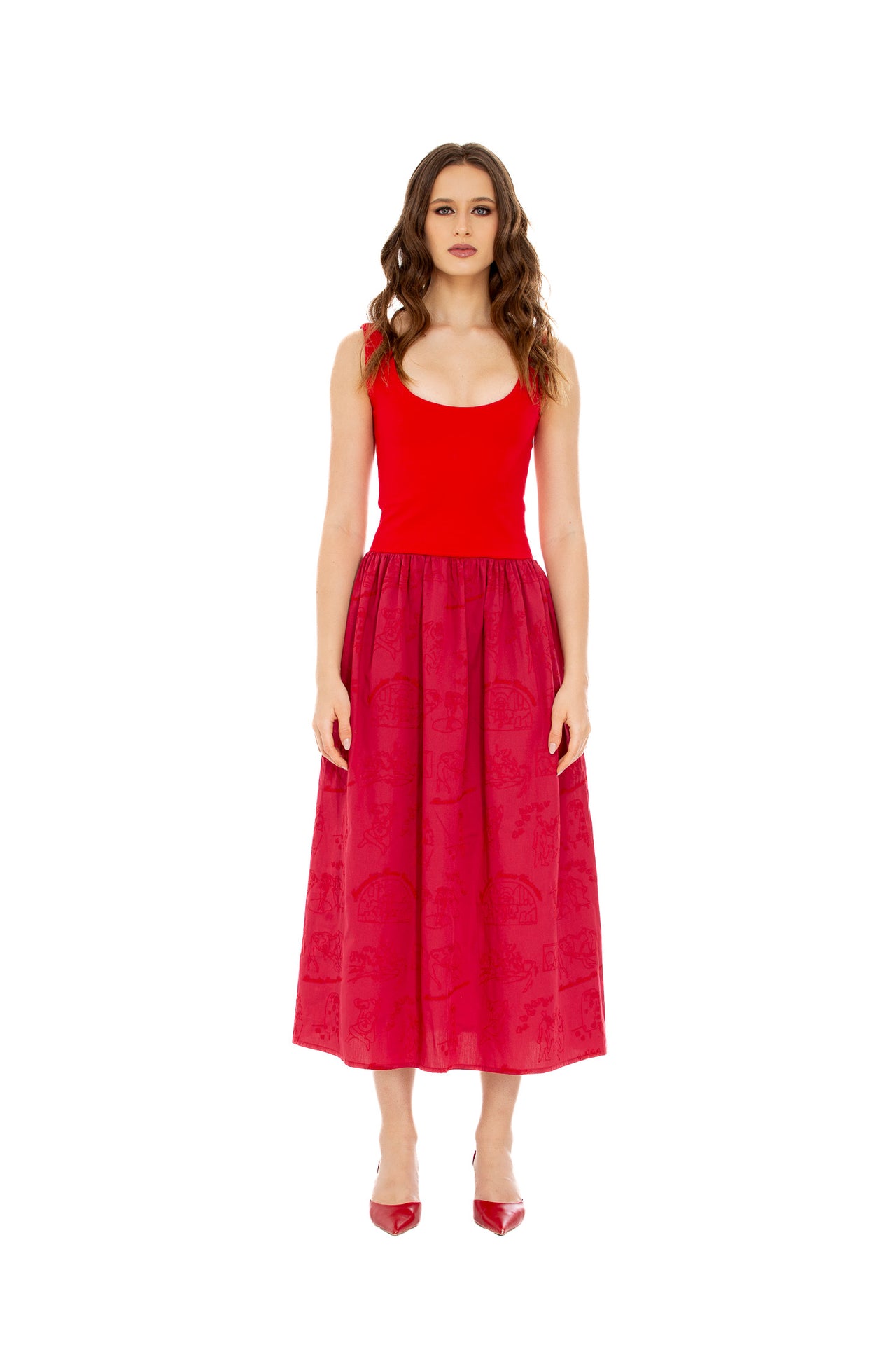 Embroided Midi Dress in Red