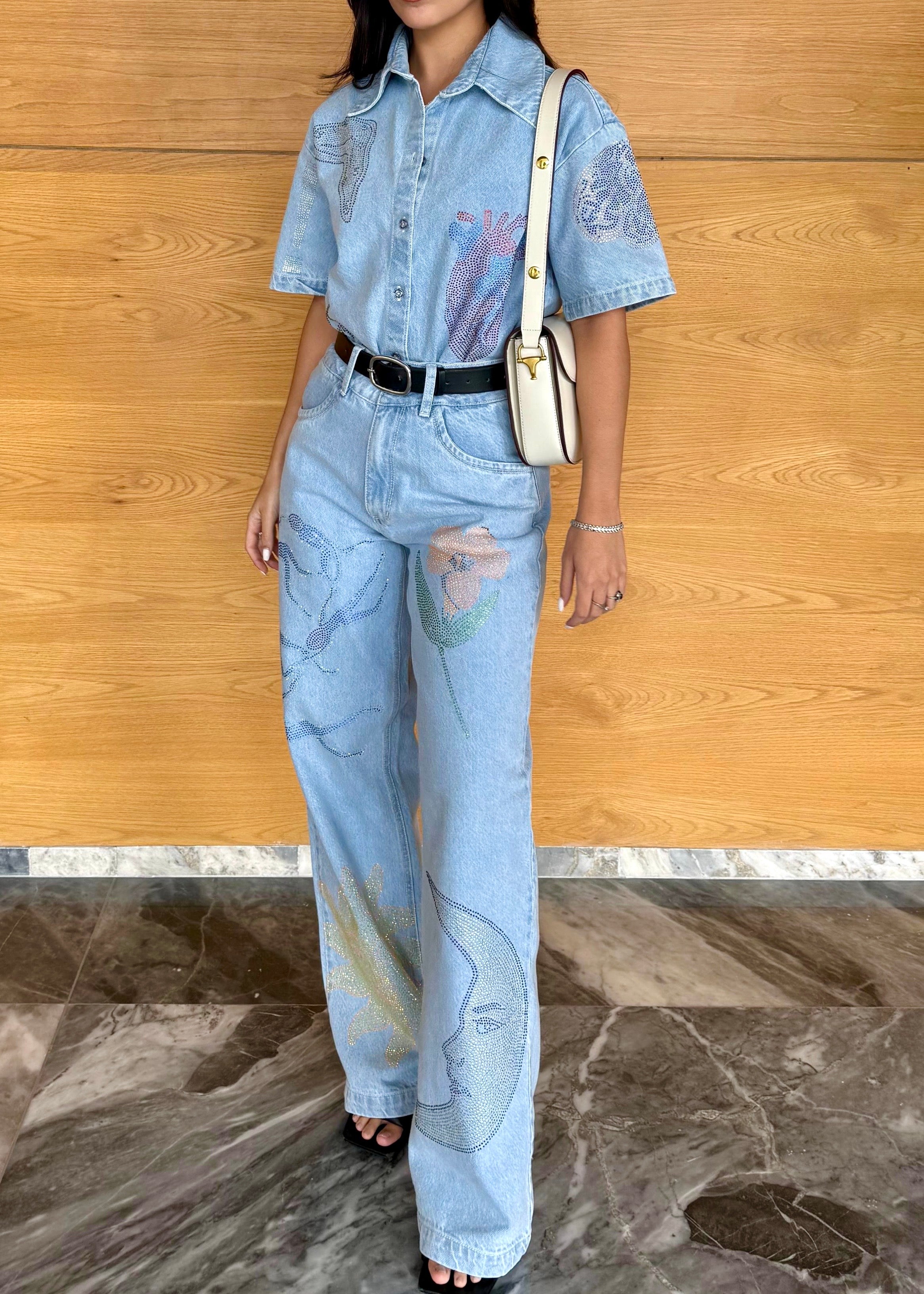 "Universal Things" Crystal Embellished Light Denim Pants