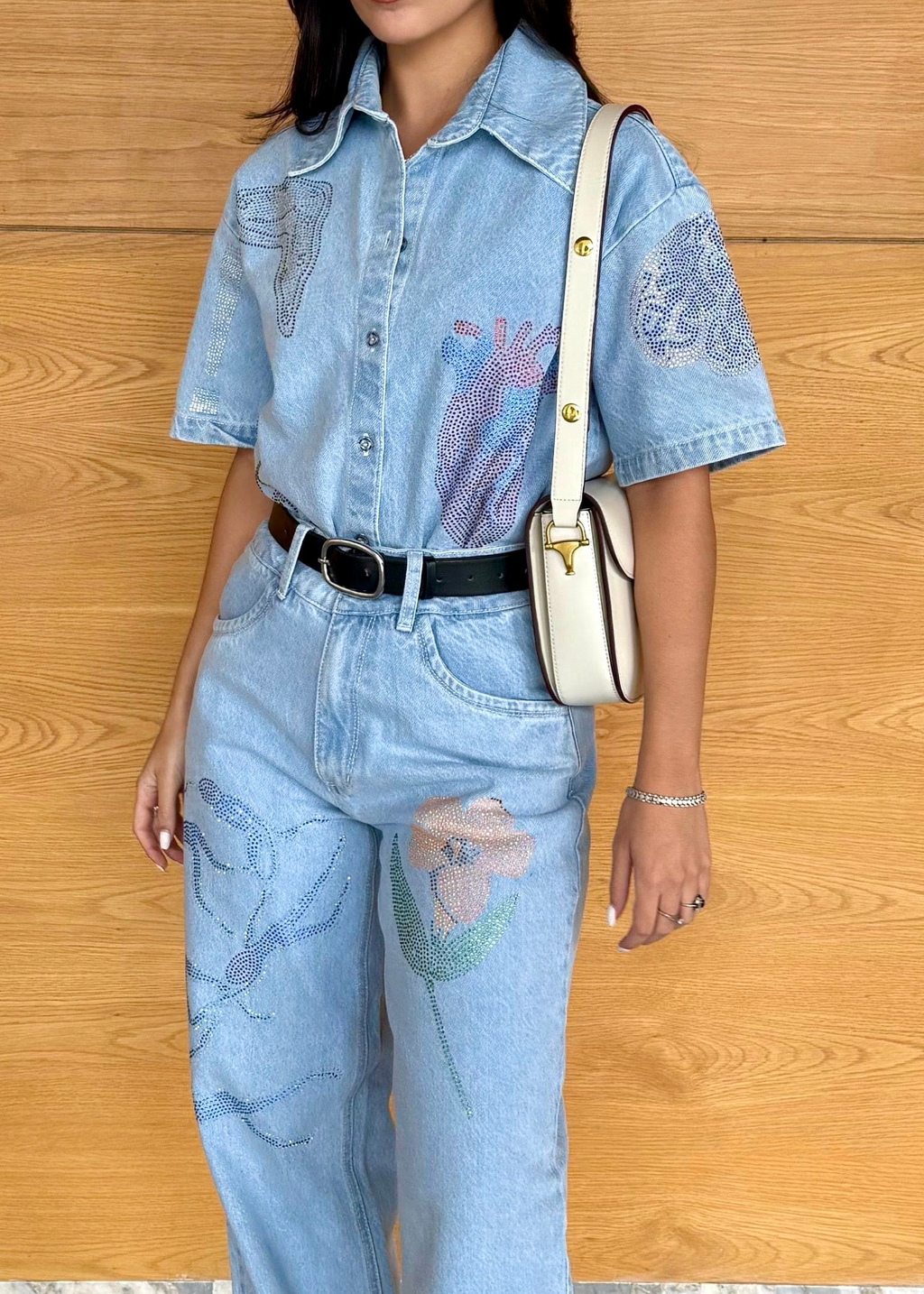 "Universal Things" Crystal Embellished Light Denim Shirt