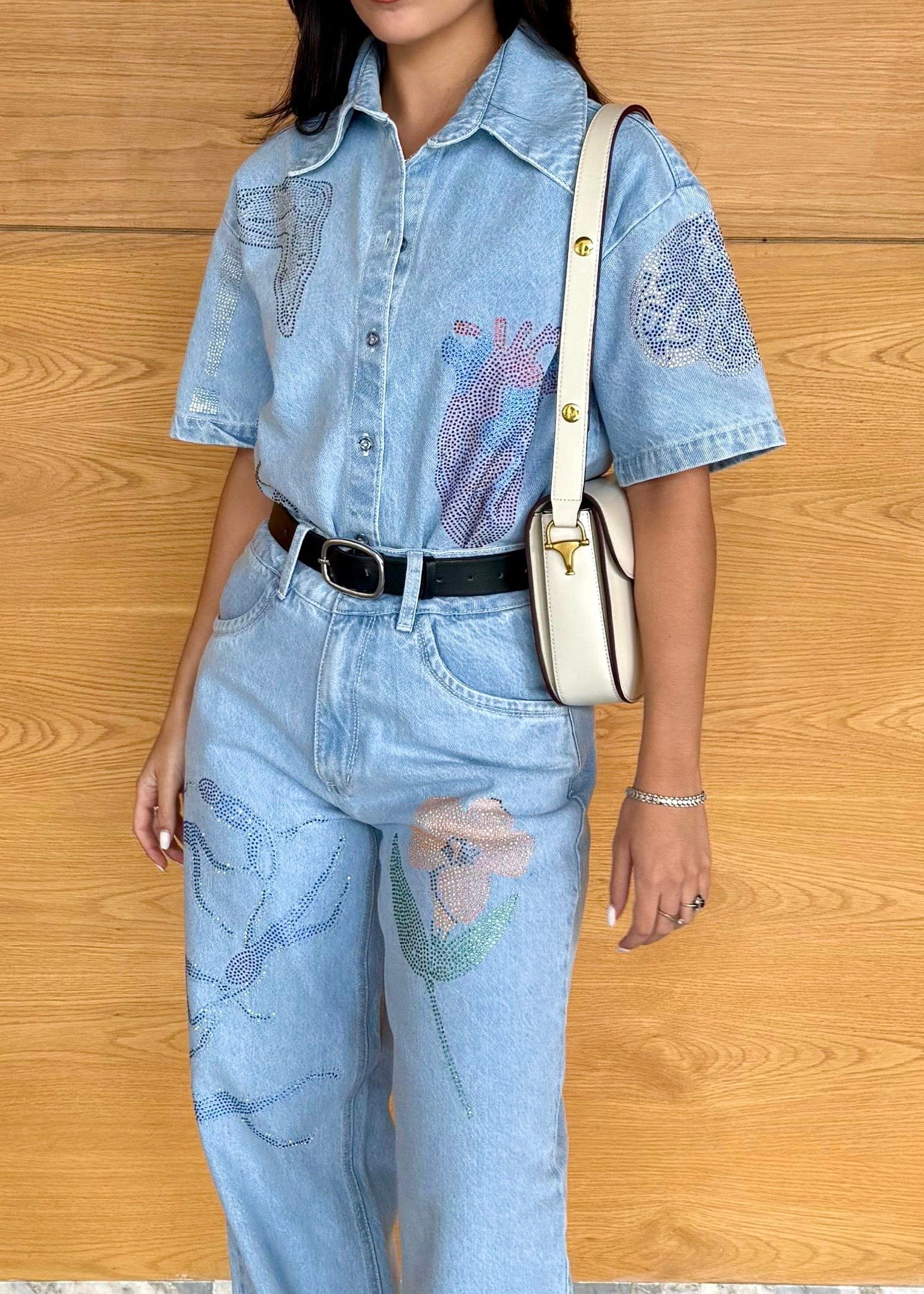 "Universal Things" Crystal Embellished Light Denim Shirt