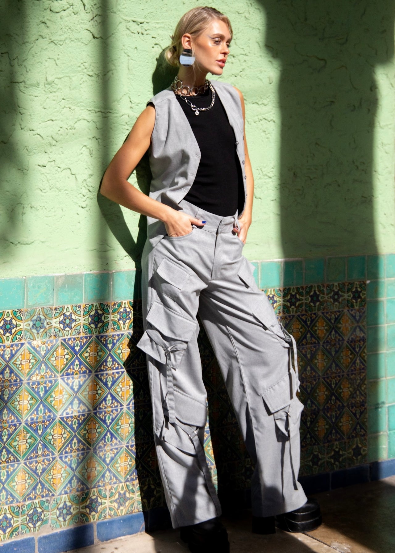 Viscose Cargo Pants - Light Gray