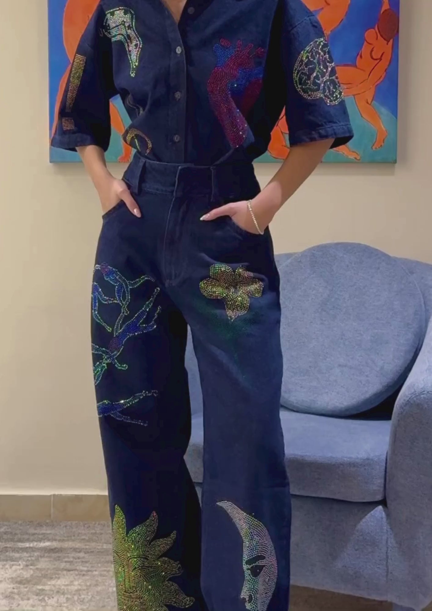 "Universal Things" Crystal Embellished Denim Pants