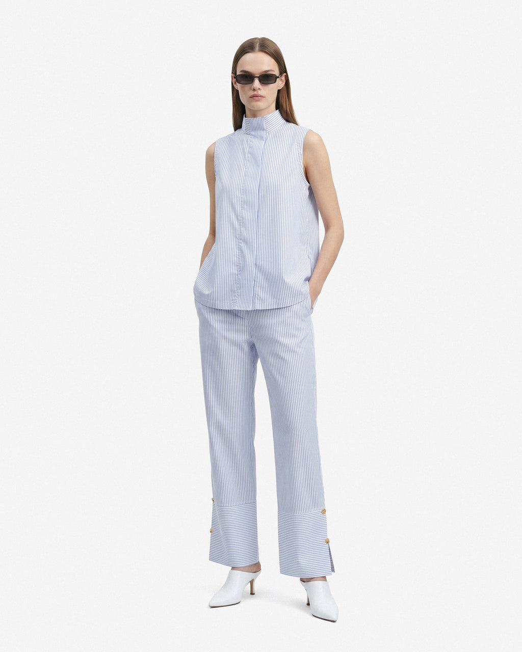 Mandarin Collar Shirt - Blue Pinstripe
